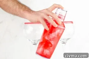Shaking our pink gin fizz in a clear plastic cocktail shaker with two sugar rim gin glasses in the background