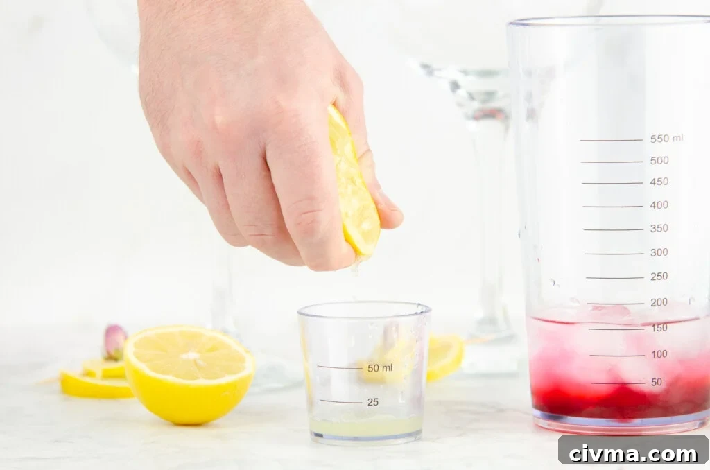 Squeezing lemon juice into a cocktail jigger to add to the gin and grenadine in the cocktail shaker and slices of lemon and two gin glasses in the background