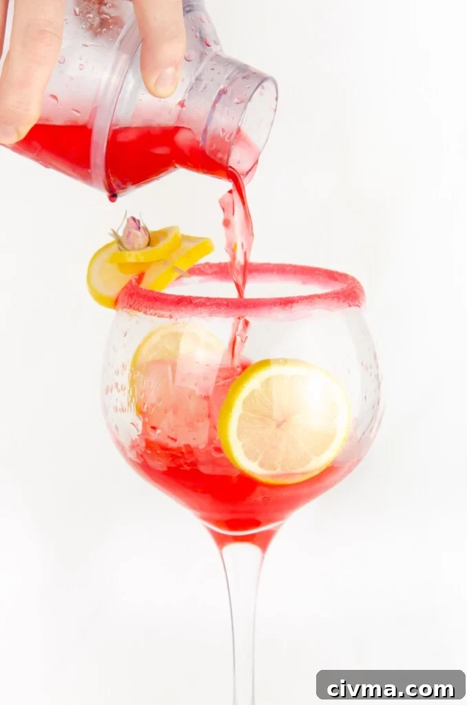 Pouring our pink gin fizz cocktail into a large gin glass sugar rimmed garnished with lemon slice and rose petal with slices of lemon and ice cubes in the glass