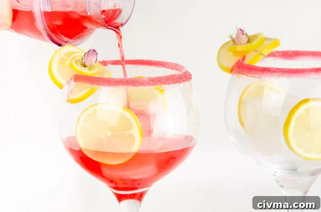 Pouring gin fizz into a large gin glass sugar rimmed garnished with lemon slice and rose petal with slices of lemon and ice cubes in the glass