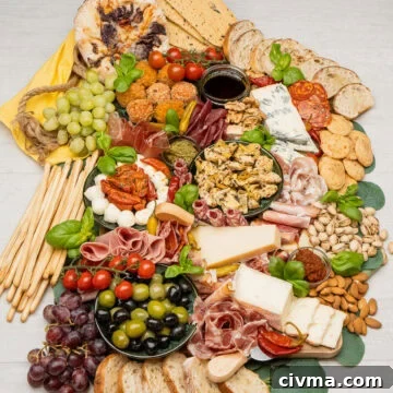Antipasto Italian Platter with Italian meats, cheeses, vegetables, olives, nuts, fruit, bread and dips