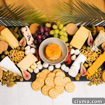 A cheese and crackers board with a variety of cheeses, biscuits, grapes, pickles, nuts and chutneys