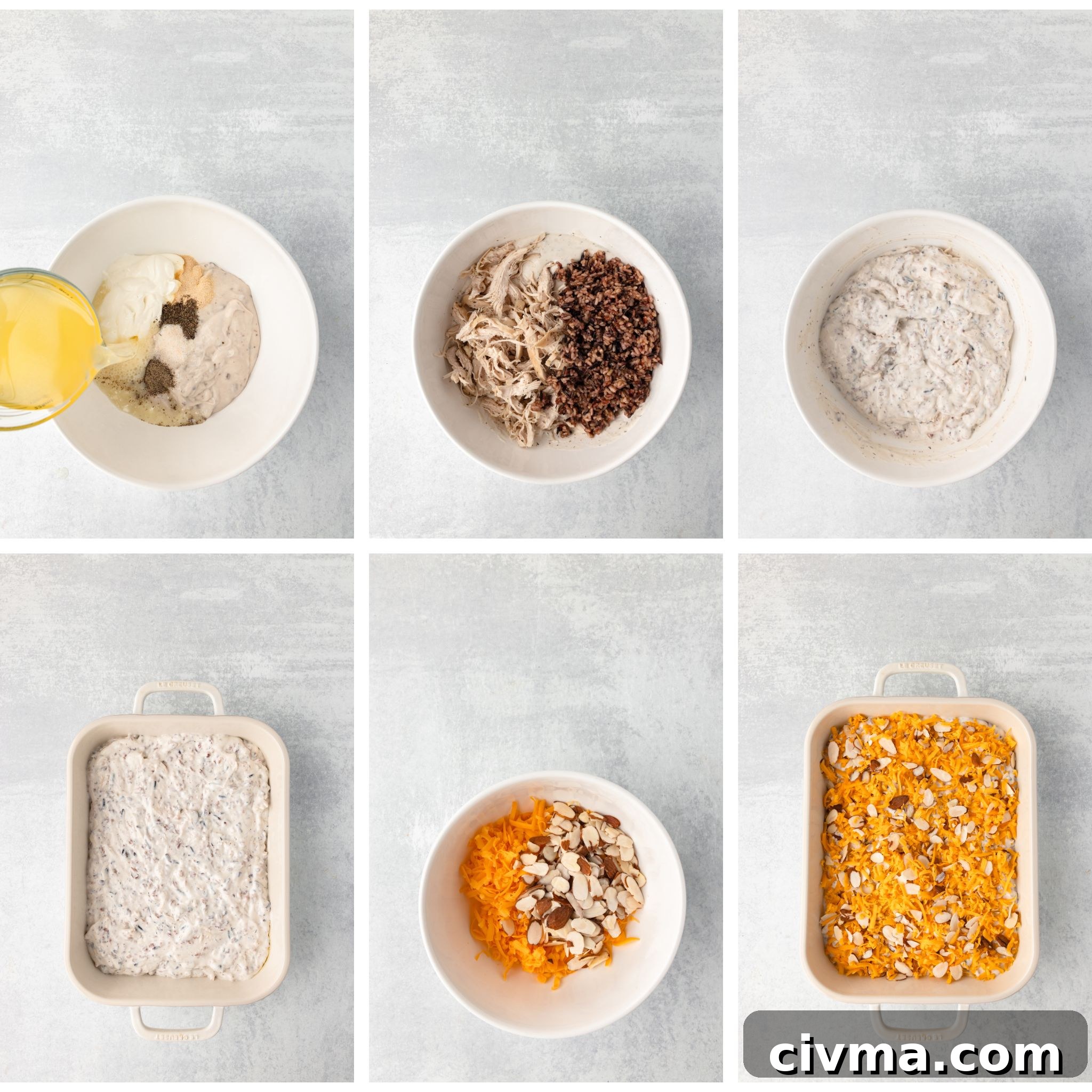 Collage of six images showing the steps to make a casserole: 1. Mixing liquid ingredients. 2. Adding meat and rice. 3. Combined mixture. 4. Mixture in baking dish. 5. Topping with cheese and almonds. 6. Finished dish with a crunchy topping.