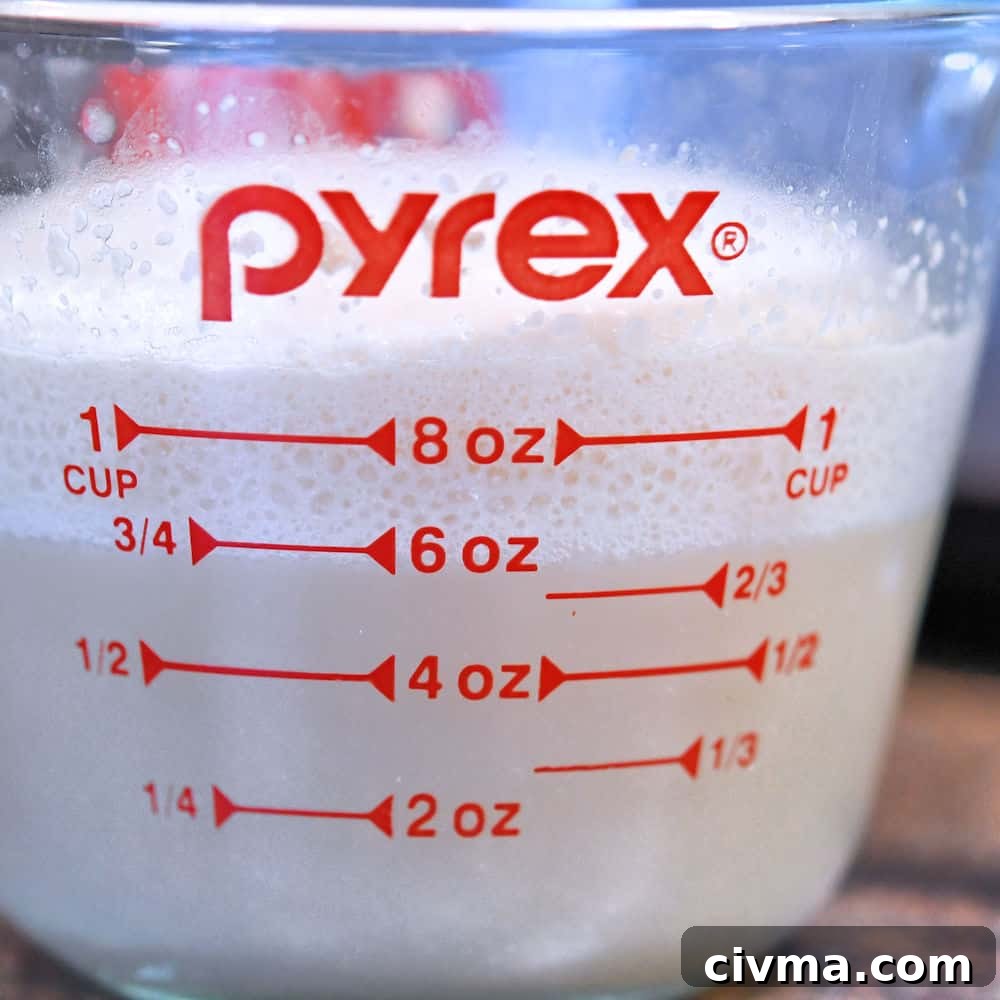 proofed yeast with a nice foam top in a glass measuring cup