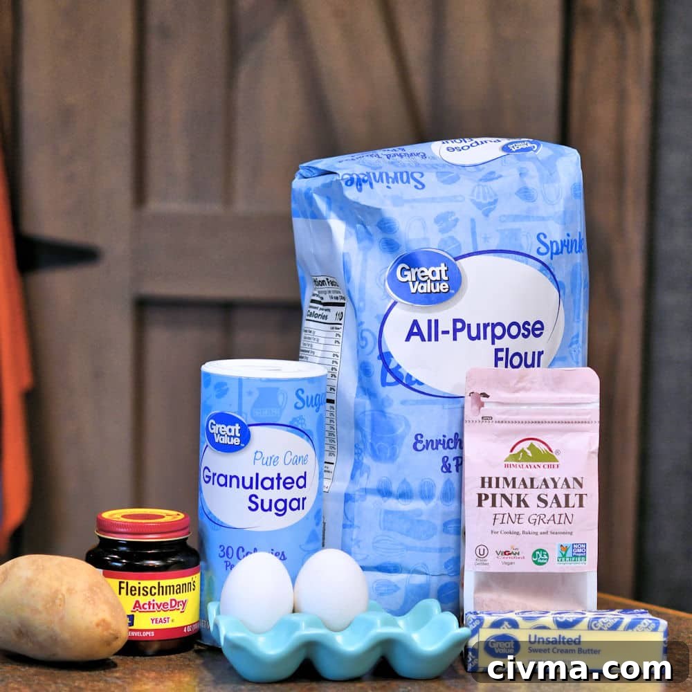 ingredients for potato dinner rolls placed on a counter top