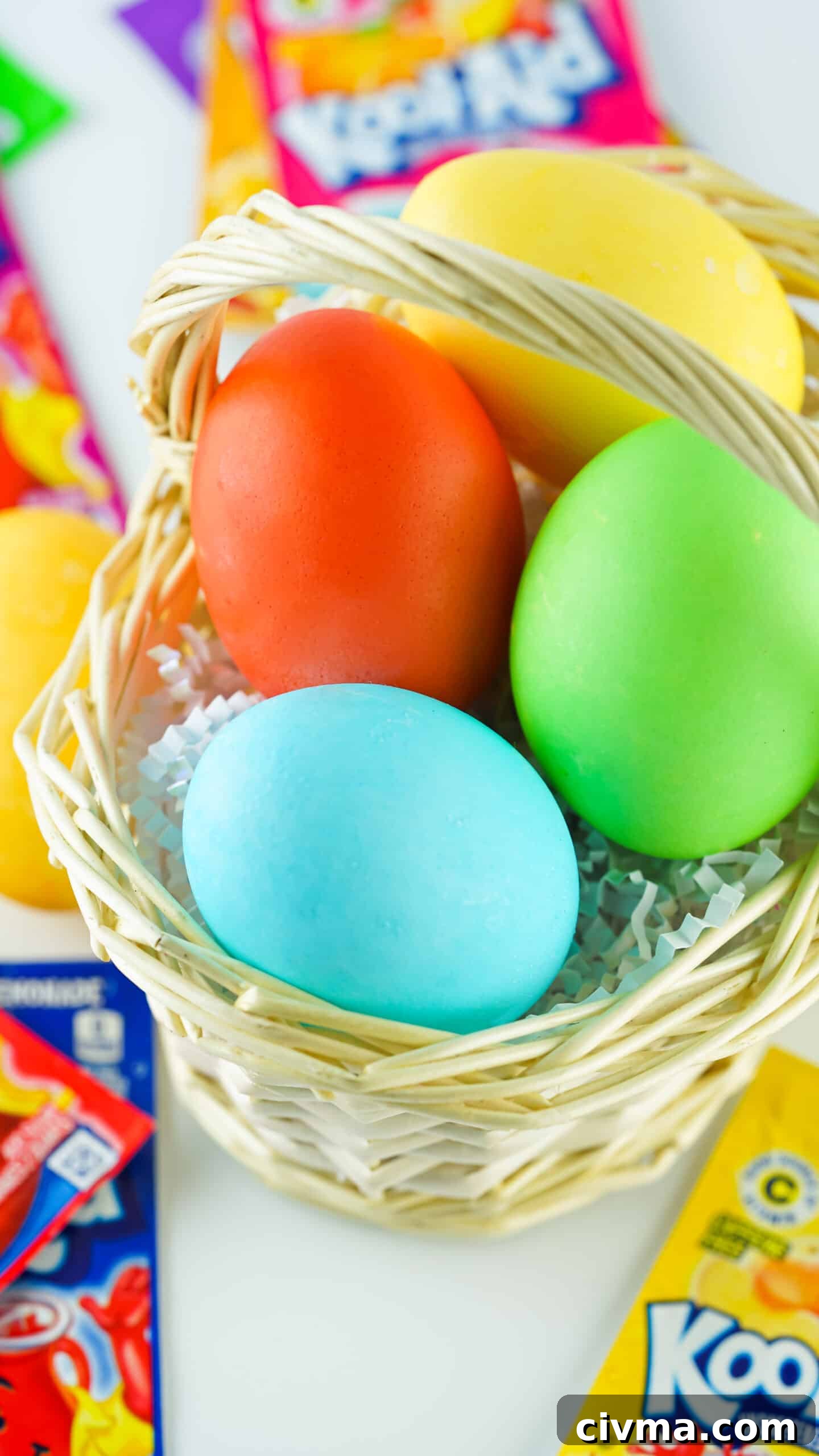 kool-aid dyed eggs in easter basket