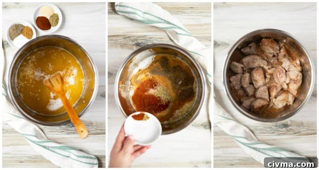 Step-by-step photos showing Instant Pot carnitas preparation