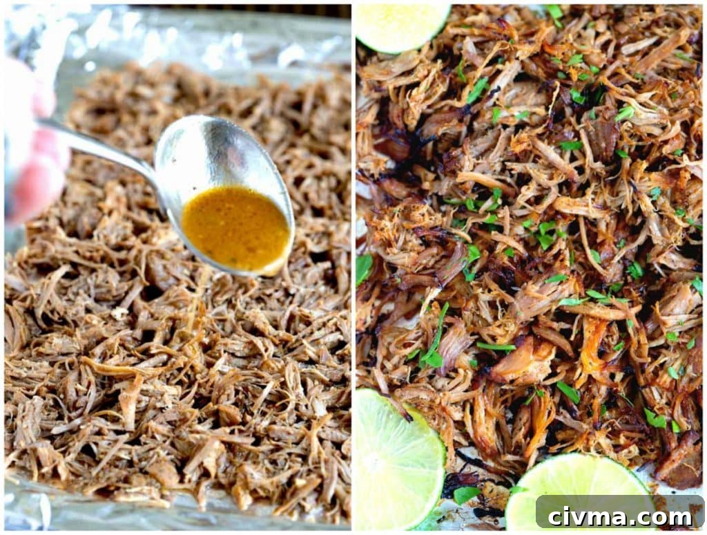 Step-by-step photos showing shredded pork carnitas