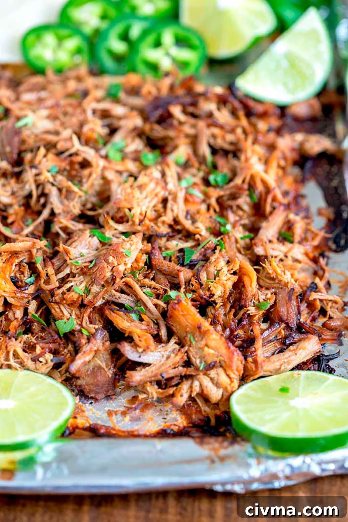A baking sheet filled with crispy Mexican pulled pork