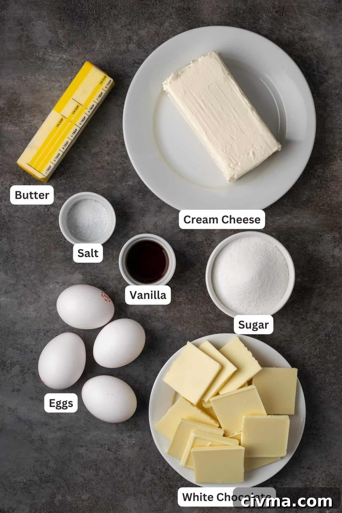 Ingredients for Flourless White Chocolate Cake.