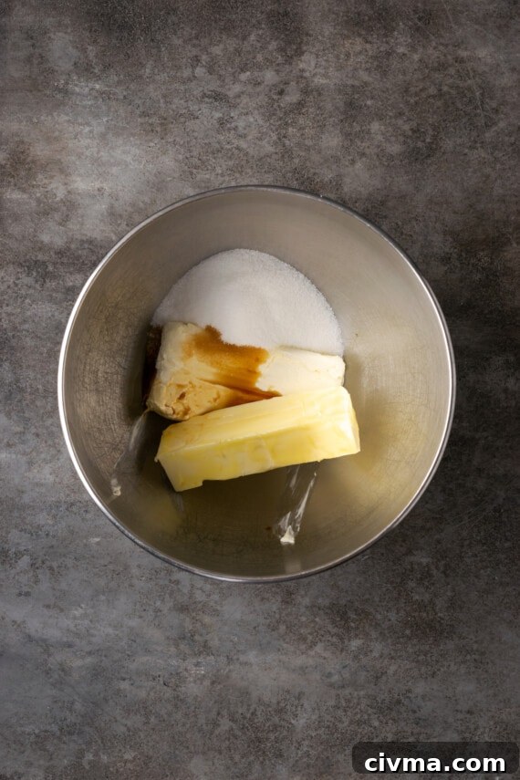 Cream cheese, butter, and sugar combined with vanilla in a metal mixing bowl.