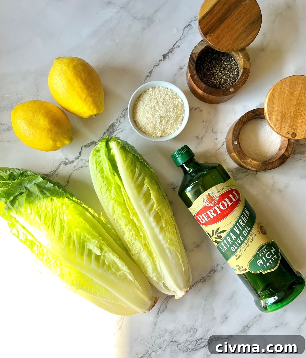 Four Ingredient Crunchy Lemon Parmesan Salad 3 Ingredients displayed for crunchy lemon parmesan salad. Romaine lettuce, parmesan cheese, lemon juice, olive oil, salt and pepper
