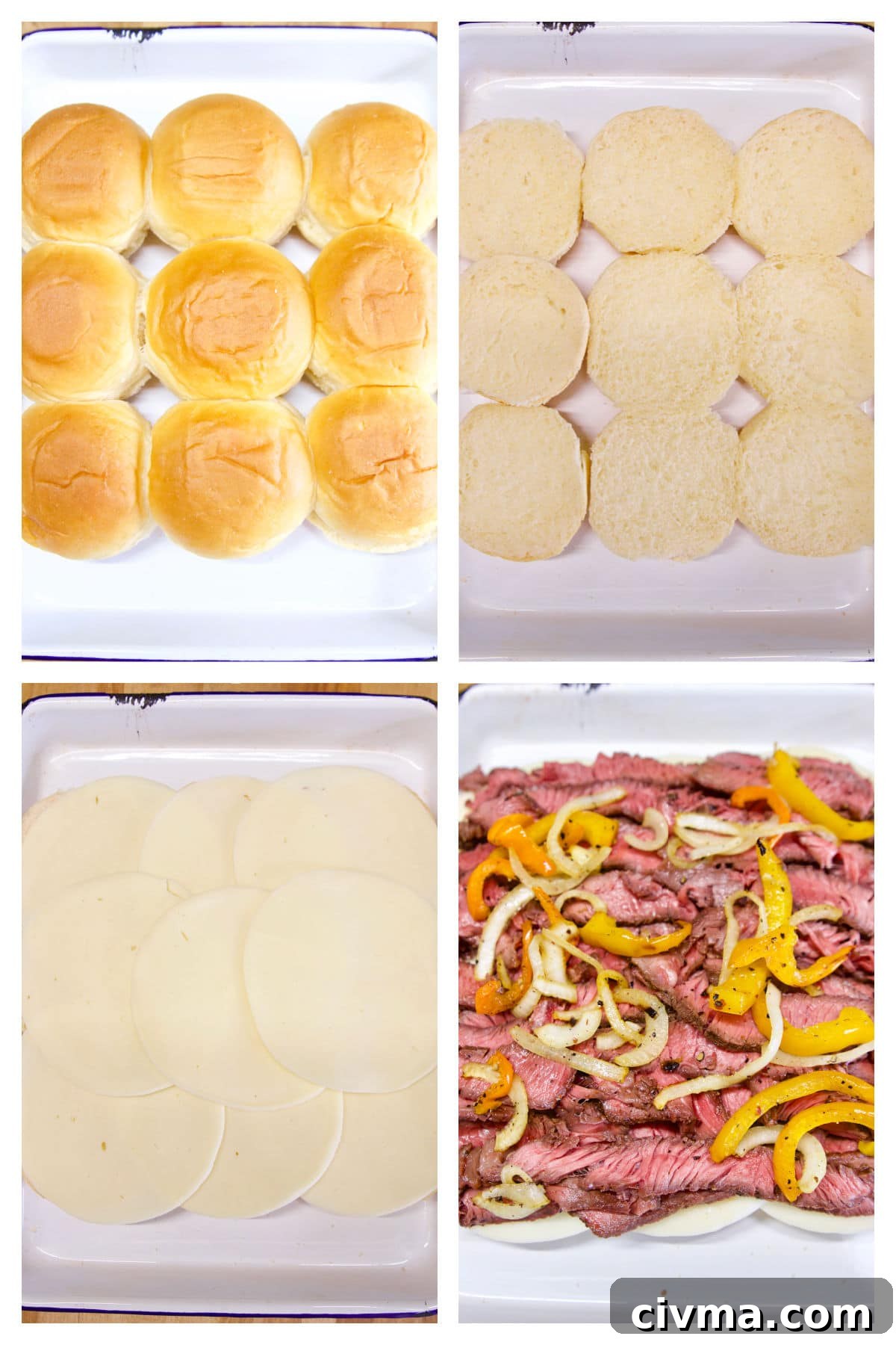 How to make sliders with grilled steak, peppers, onions and provolone cheese. Collage making sliders with steak, cheese, peppers and onions.