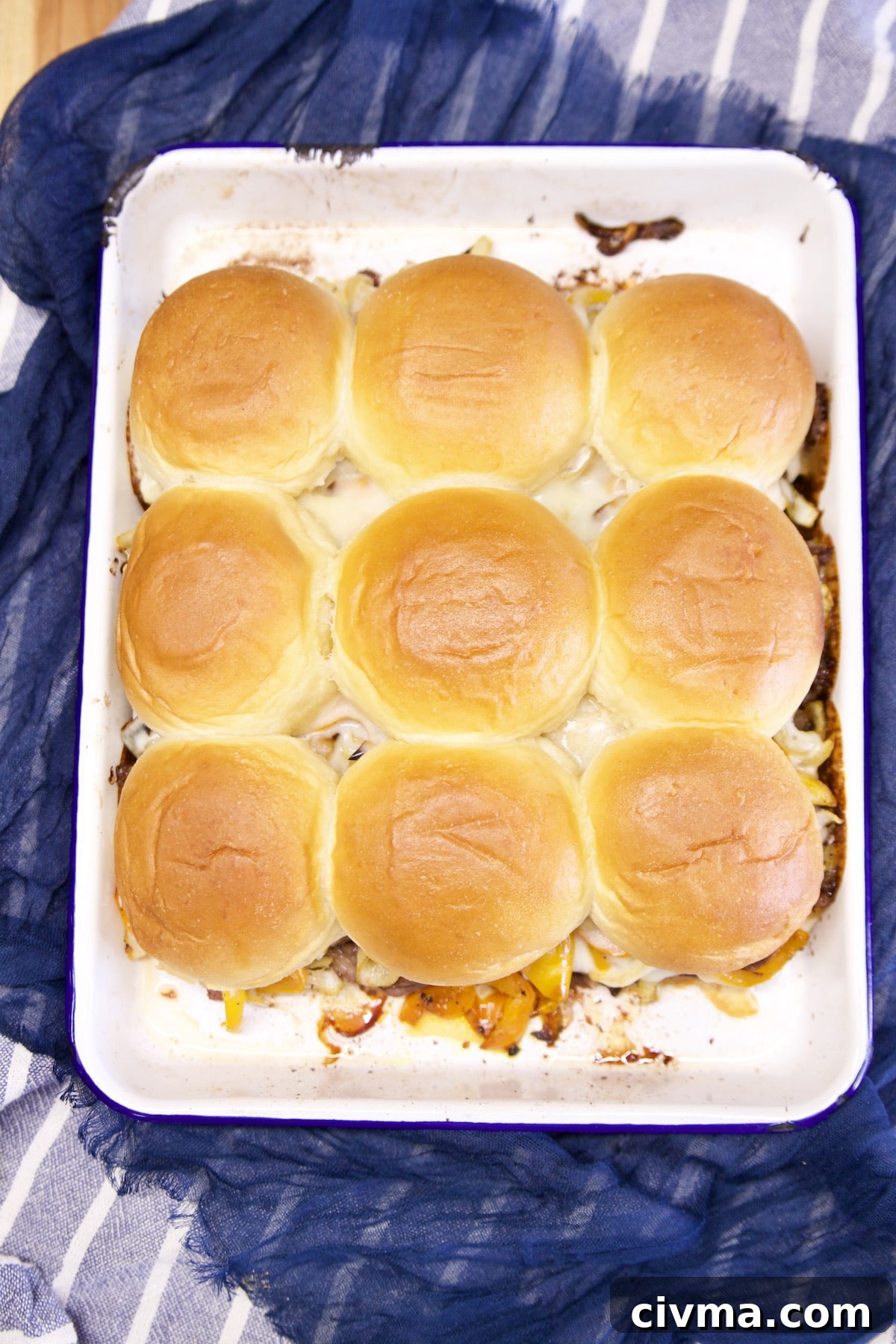 Cheesesteak Sliders appetizer or main dish recipe. Pan of sliders.