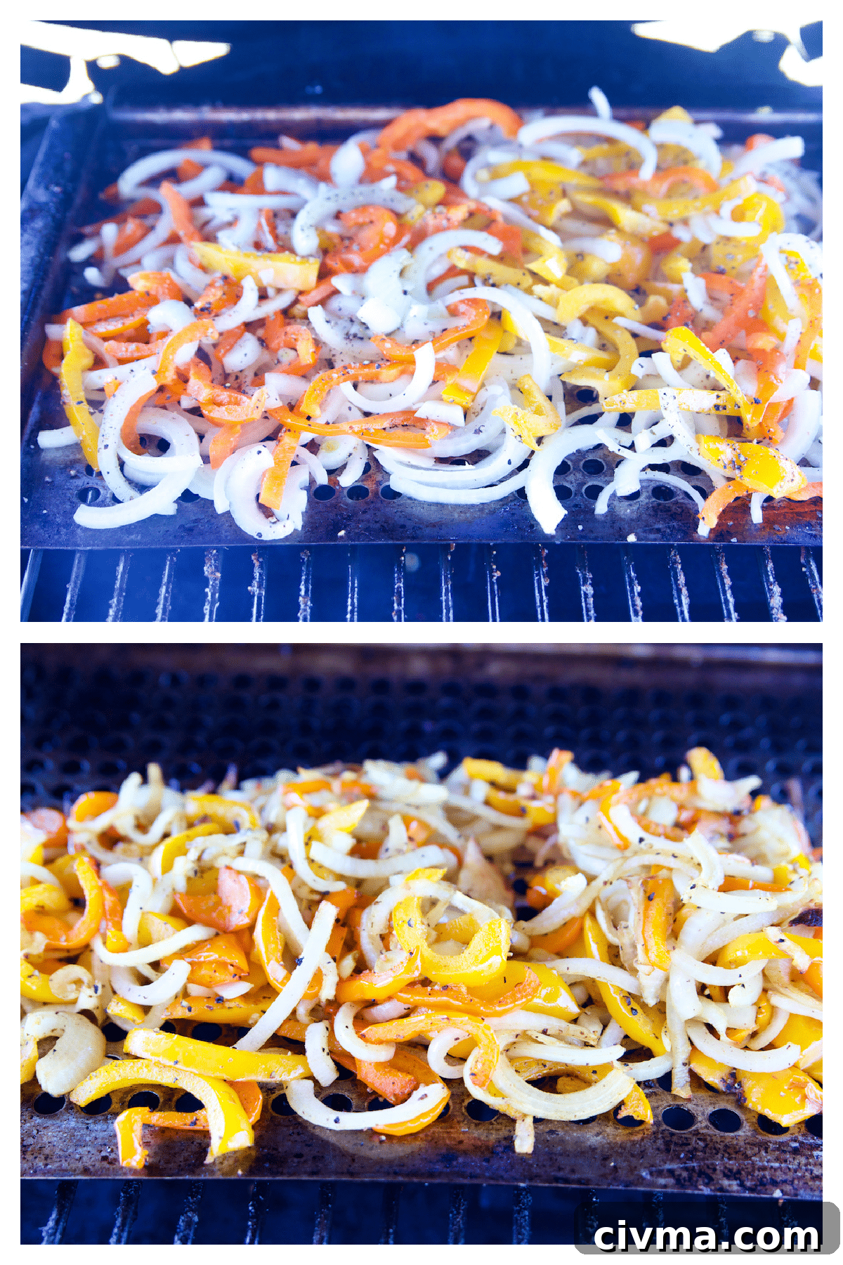 Grilled cheesesteak sliders with peppers and onions. Collage cooking peppers and onions on a grill.