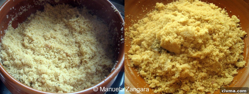 Collage 5 Cooked couscous in serving bowl
