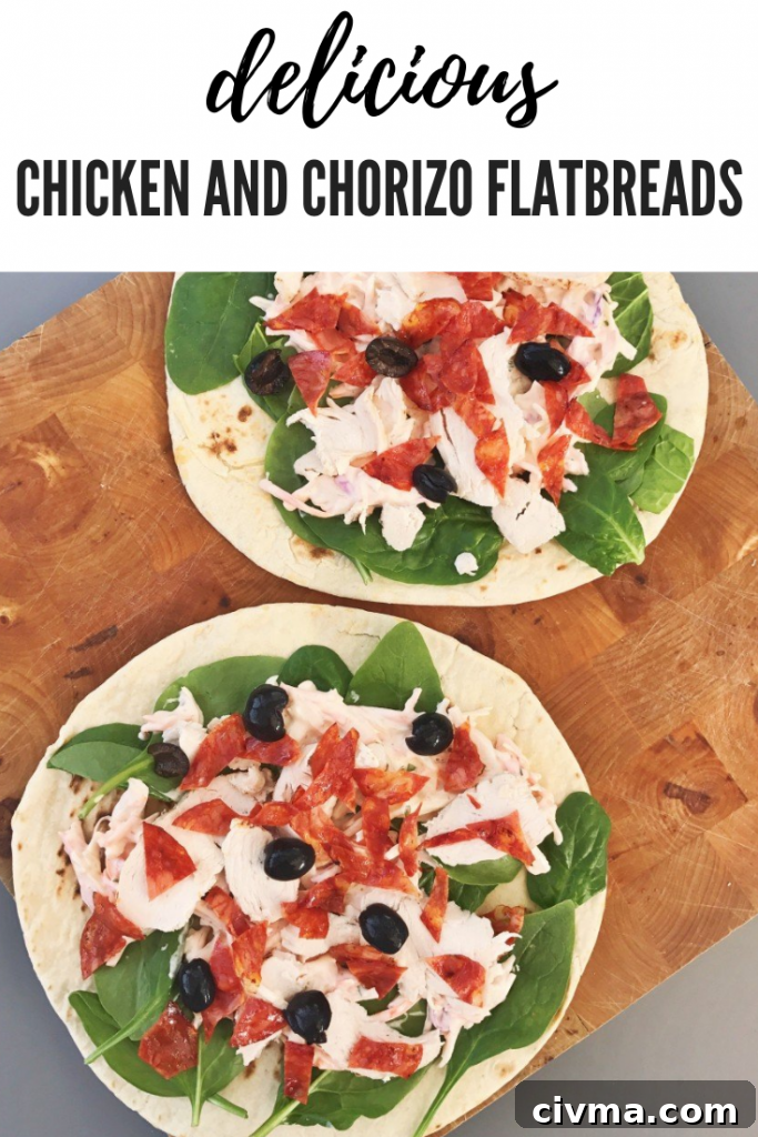 pinterest image for chicken and chorizo flatbreads