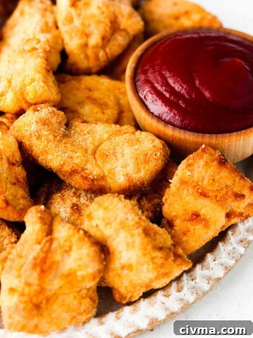 chicken nuggets on a plate with ketchup