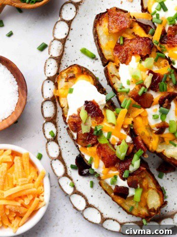 potato skins on a plate with cheese, green onions and sour cream