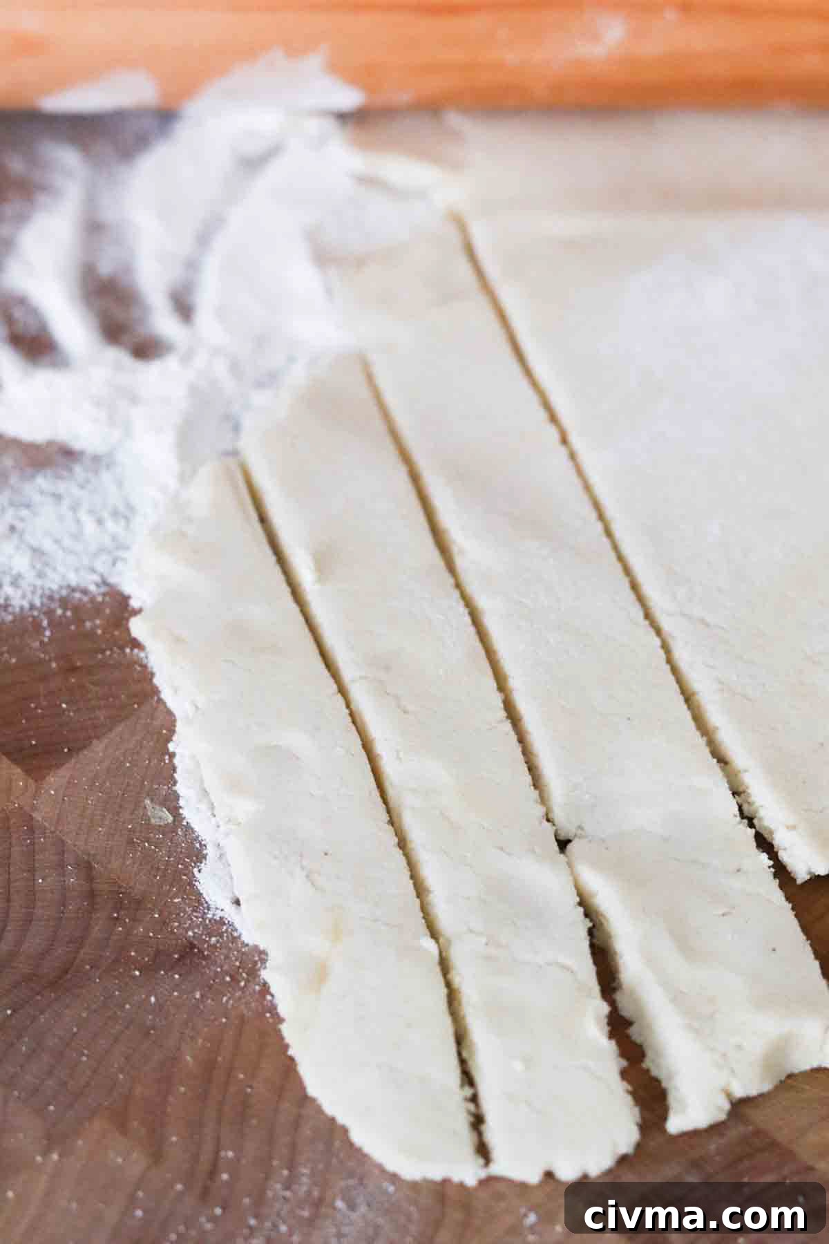 Long gluten free dough strips.