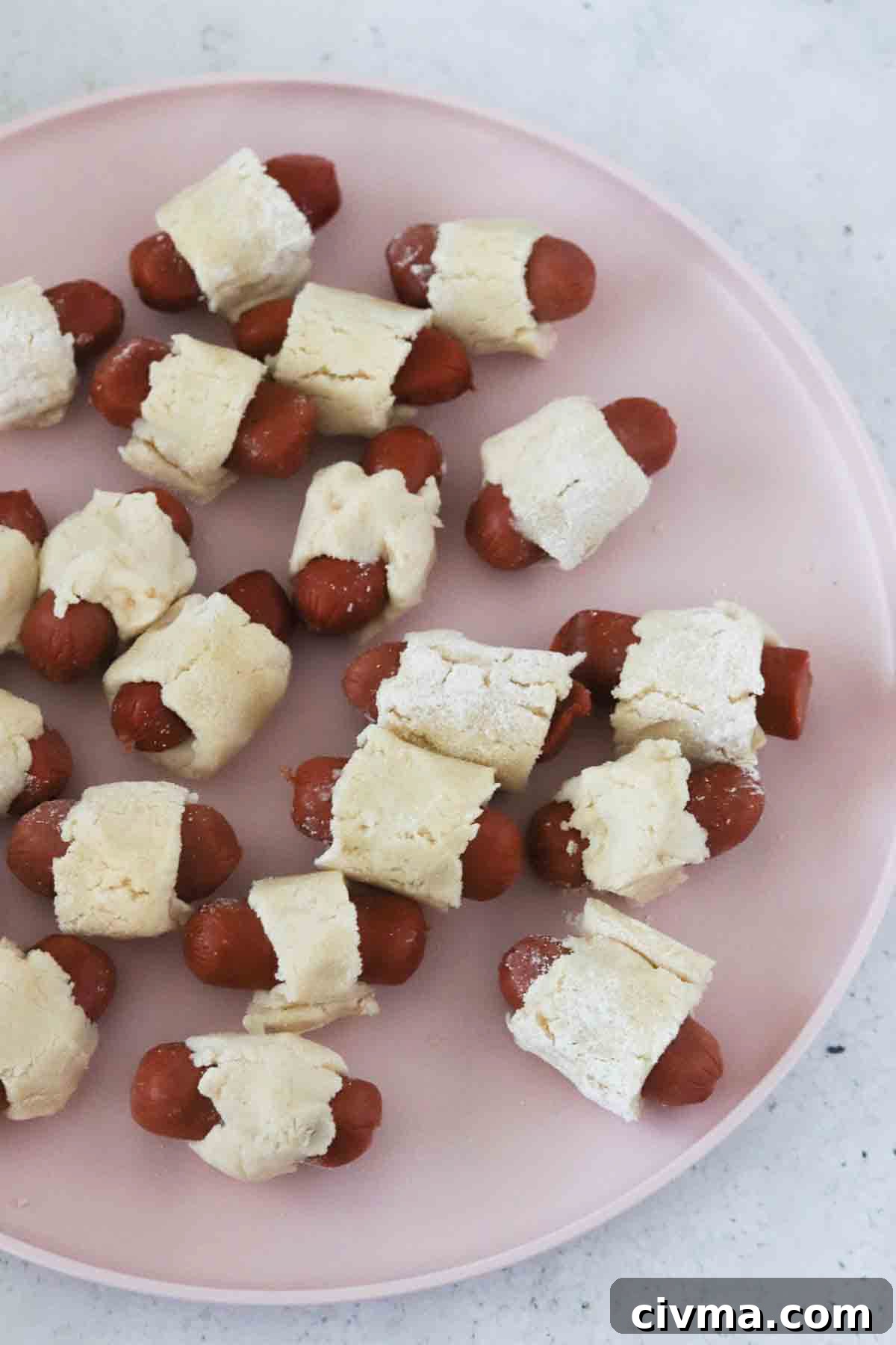 Wrapped hot dogs on a plate.