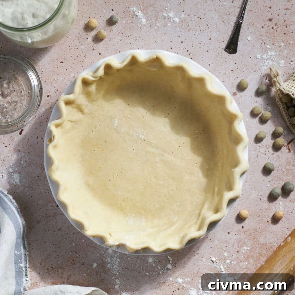 Sourdough Discard Pie Crust in a pie pan.