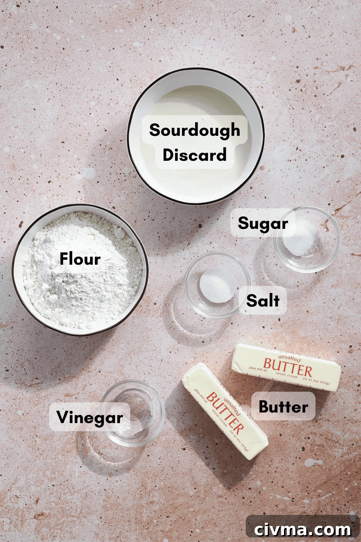 Ingredients for Sourdough Discard Pie Crust in small bowls. 