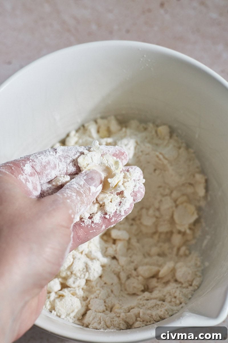 Fingers pressing and squishing the cubed butter into the flour.