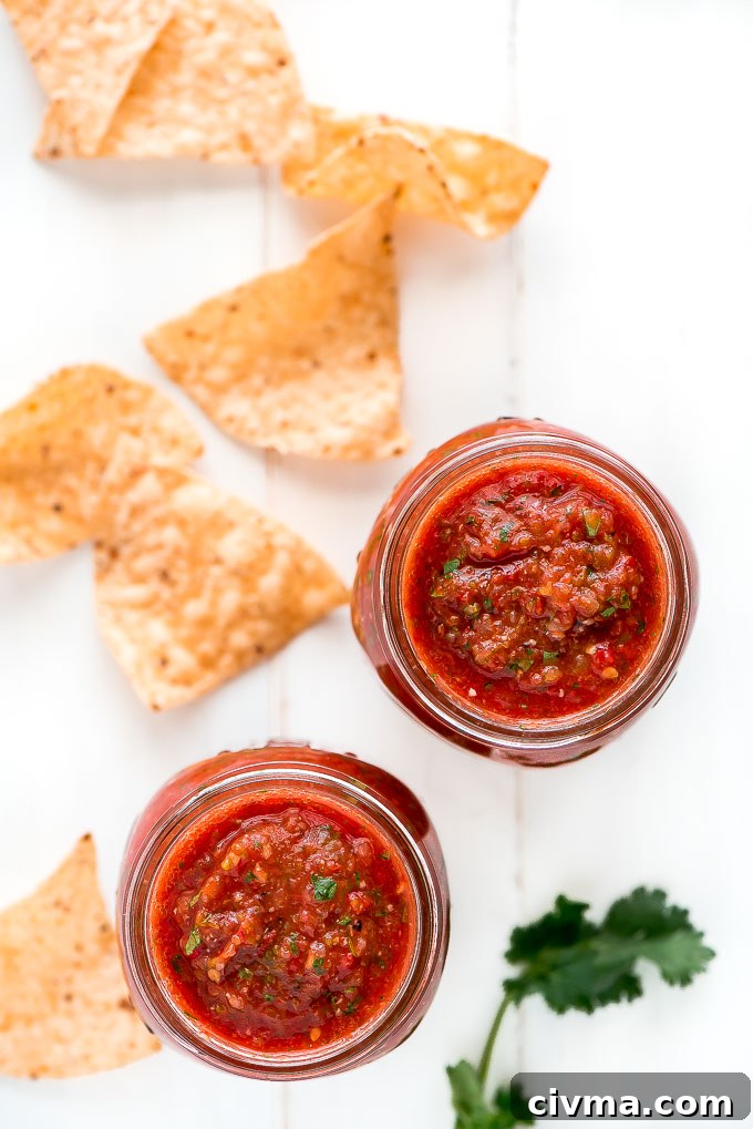 Roasted tomato salsa with a fresh, chunky texture.