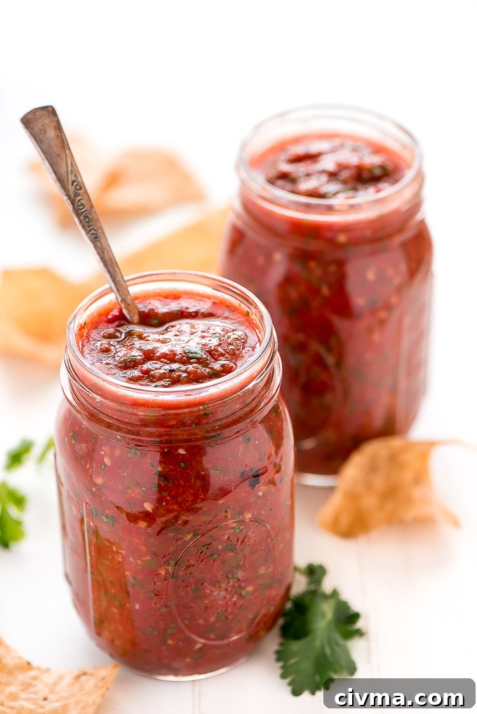 Bowl of homemade roasted salsa ready for serving.