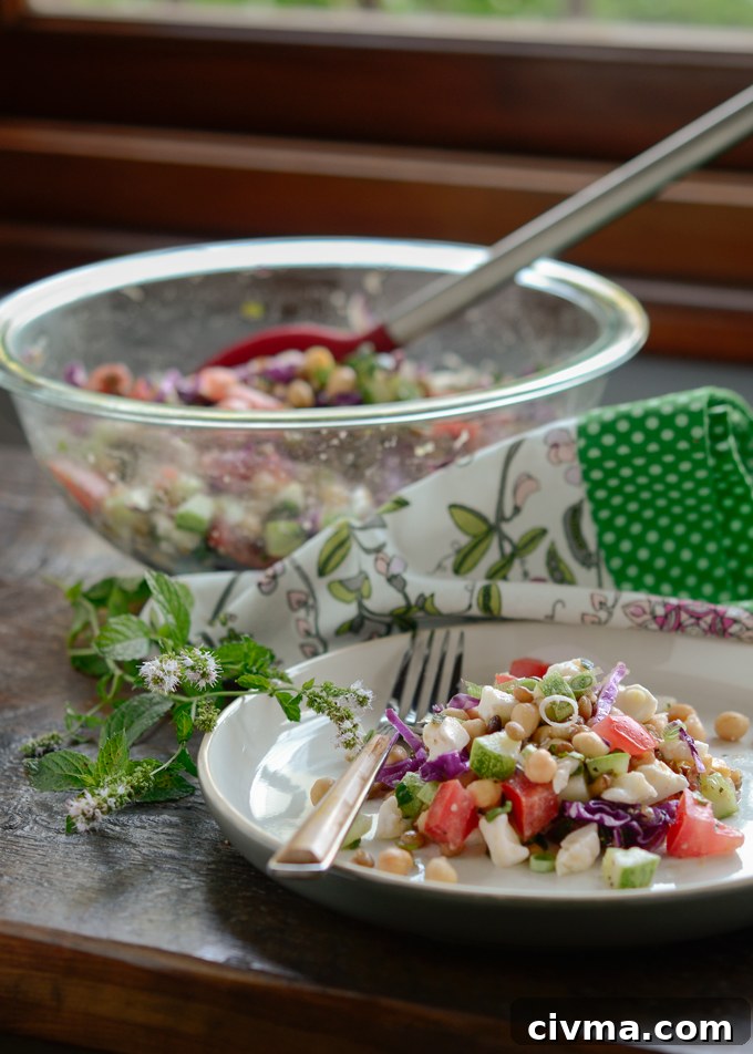 Chickpea lentil salad served on a plate.
