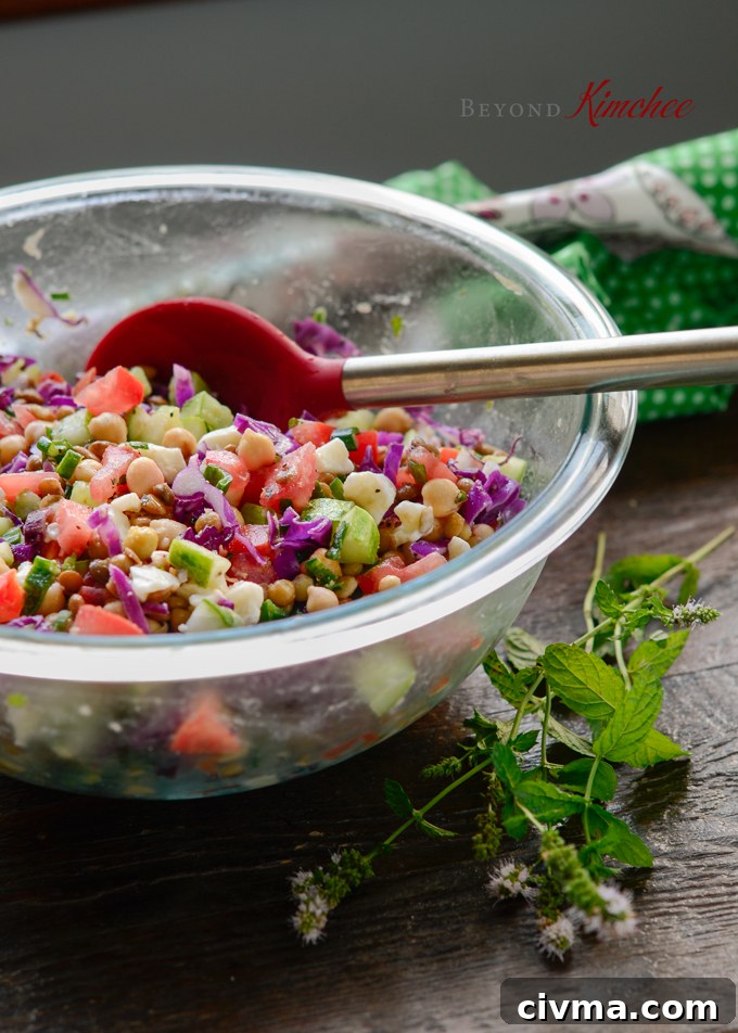 Chickpea lentil salad in a bowl.