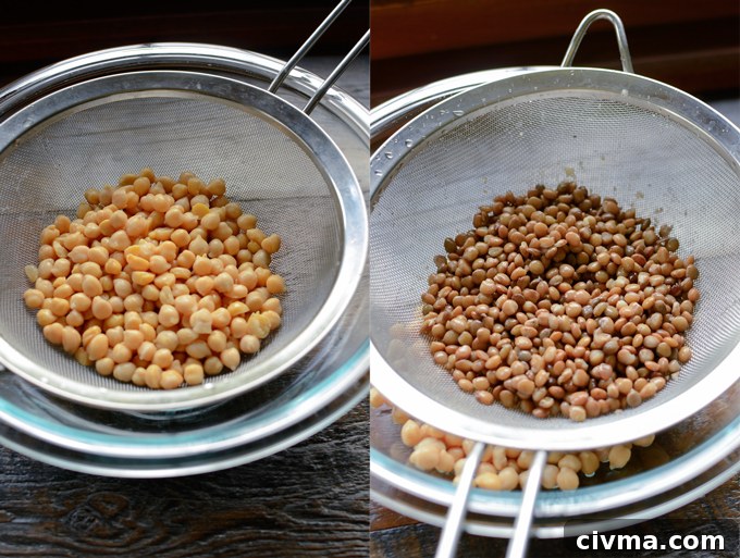 Chickpeas and lentil in strainers.