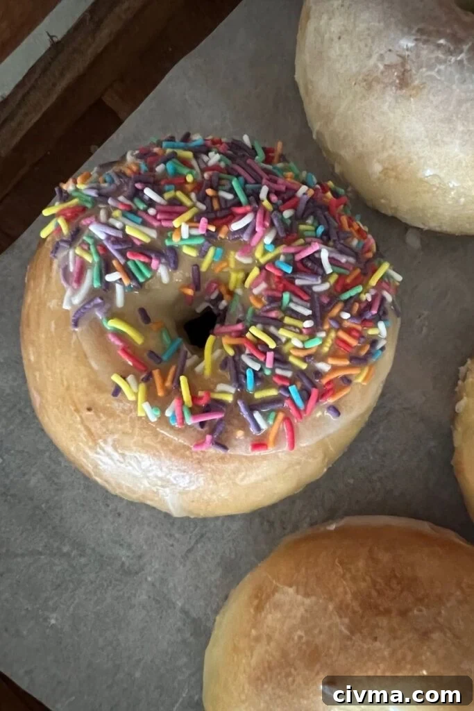 Baked Sourdough Donuts Recipe 6 Baked sourdough donut topped with glaze and sprinkles