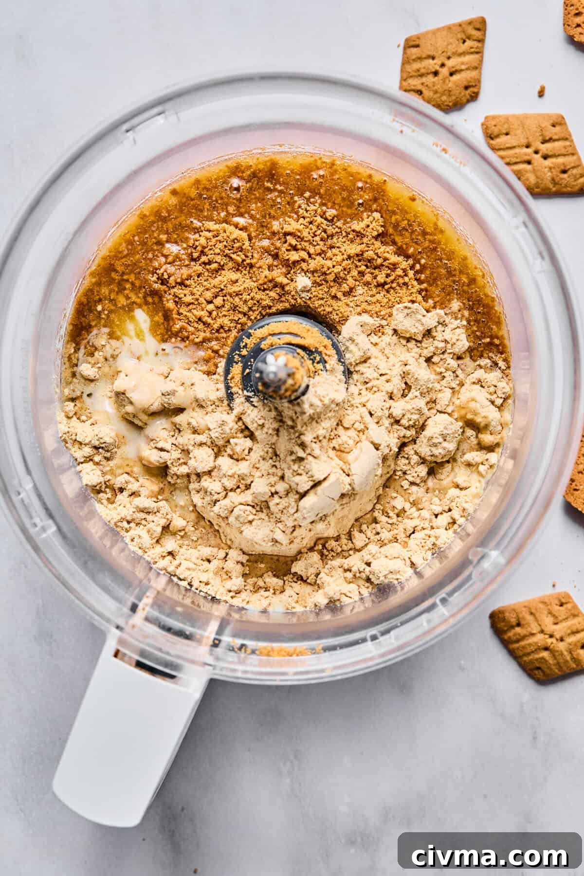 protein powder and graham cracker crumbs in a food processor bowl