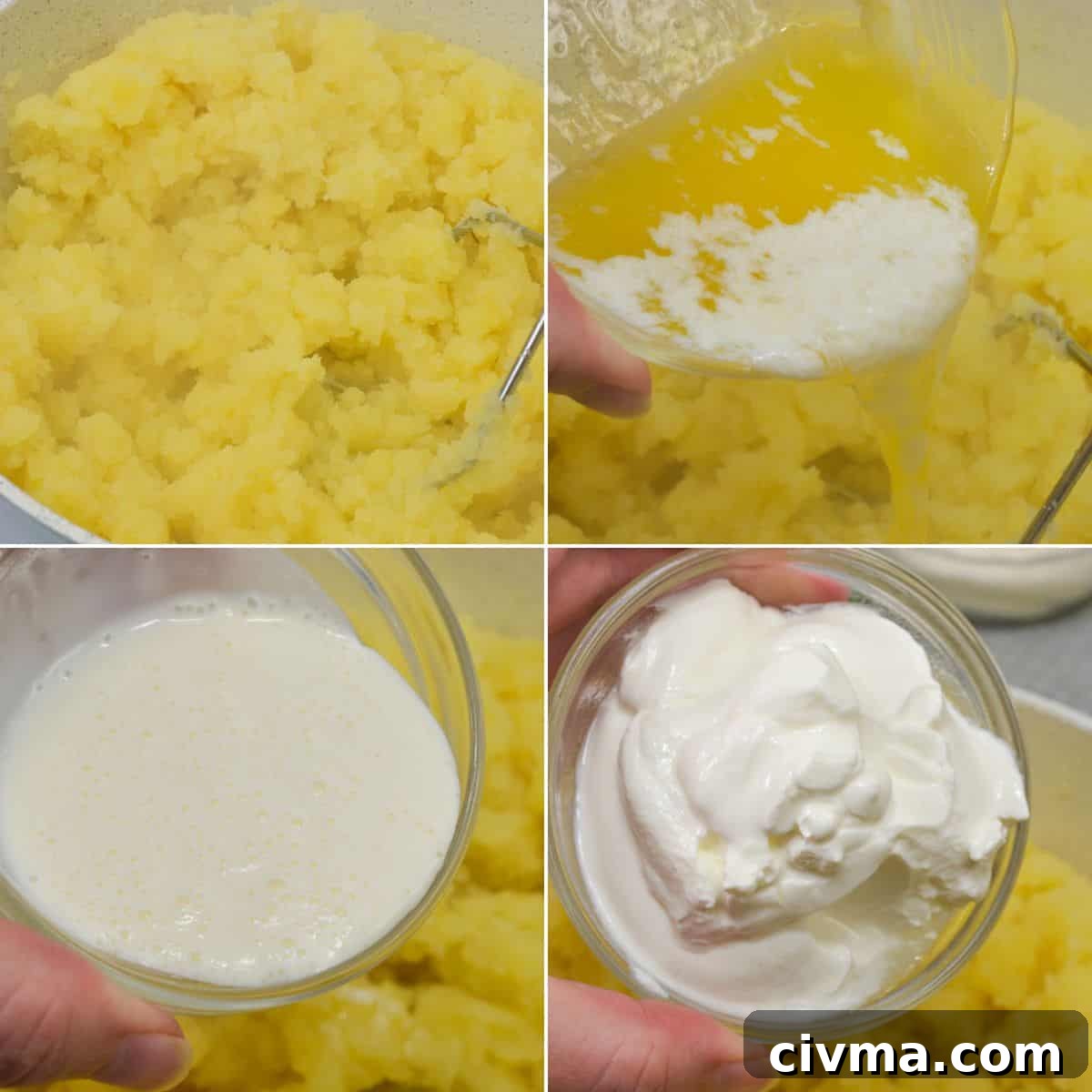 Four images show mashed potatoes, melted butter being poured in, a bowl of milk, and a bowl of sour cream—classic ingredients for making Cheesy Mashed Potatoes with an irresistibly creamy texture.