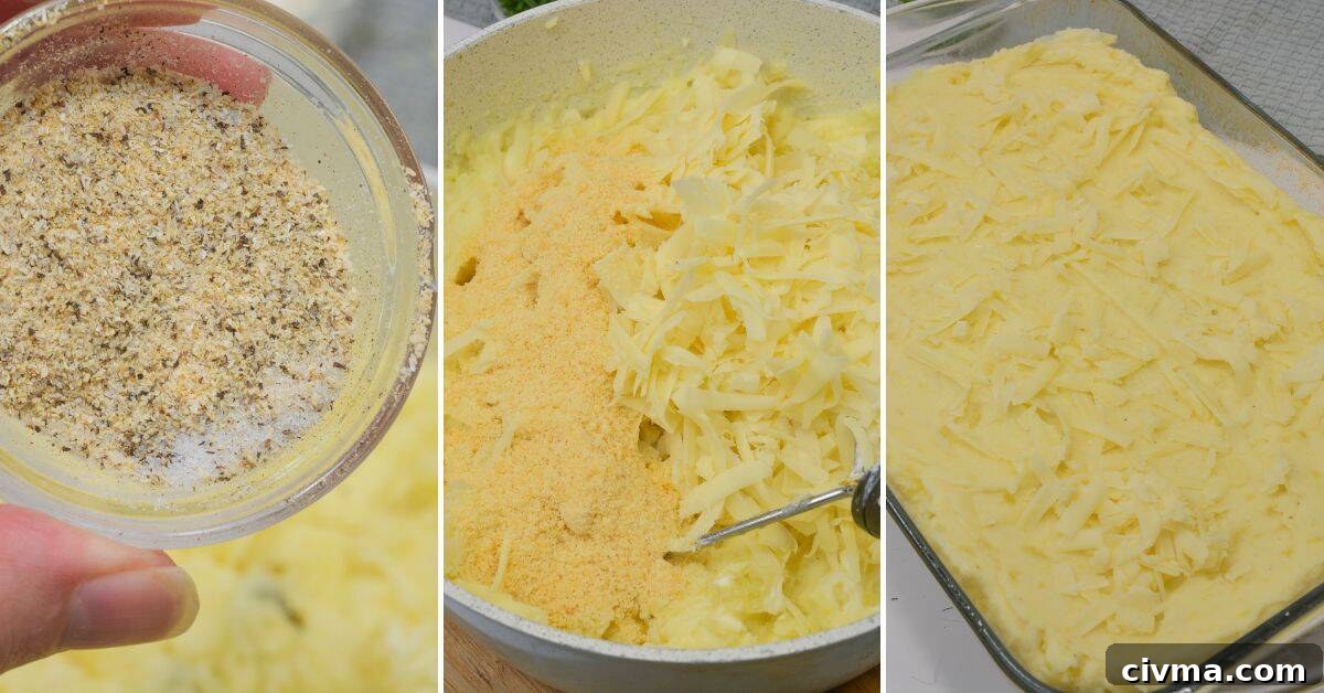 Three-step collage showing: a bowl of seasoning, a bowl of shredded cheese and other ingredients being mixed for Cheesy Mashed Potatoes, and a baking dish with the cheesy mixture topped and ready to bake.