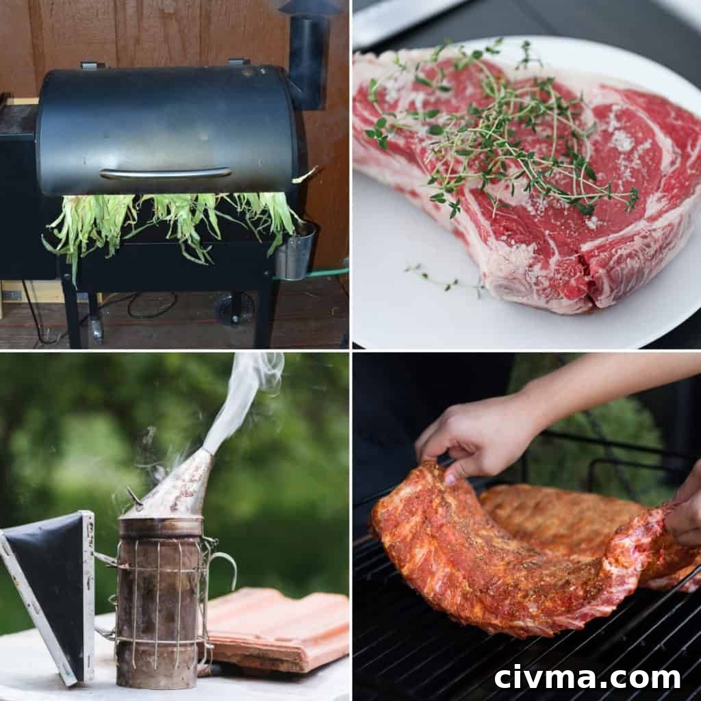 How to Smoke Meat at Home: A Beginner's Guide 5 Collage of images of smoking meats with grills and pellet grills and offset smokers.