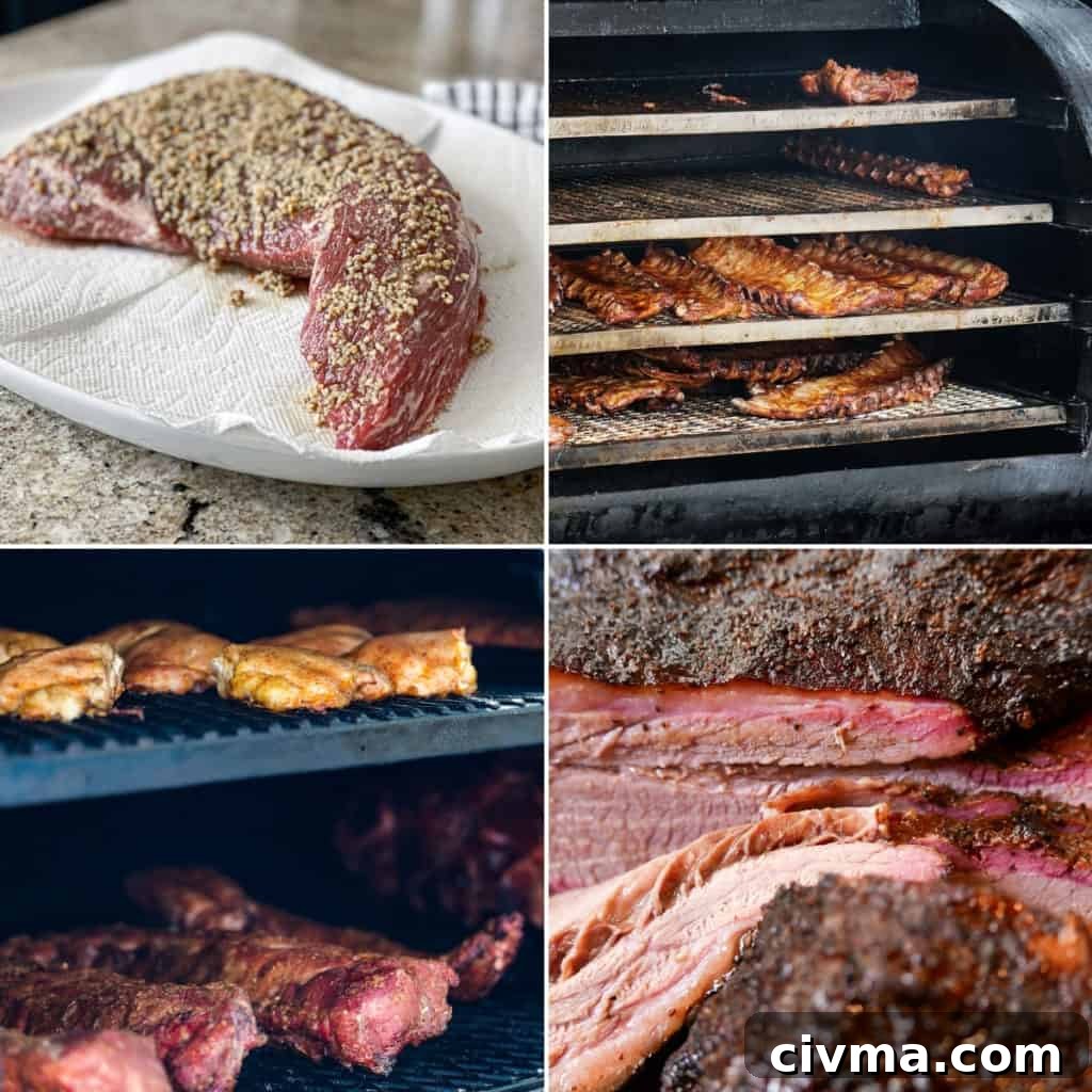 How to Smoke Meat at Home: A Beginner's Guide 7 Collage of images of smoked foods including ribs and tri tip steak and brisket on the grill.