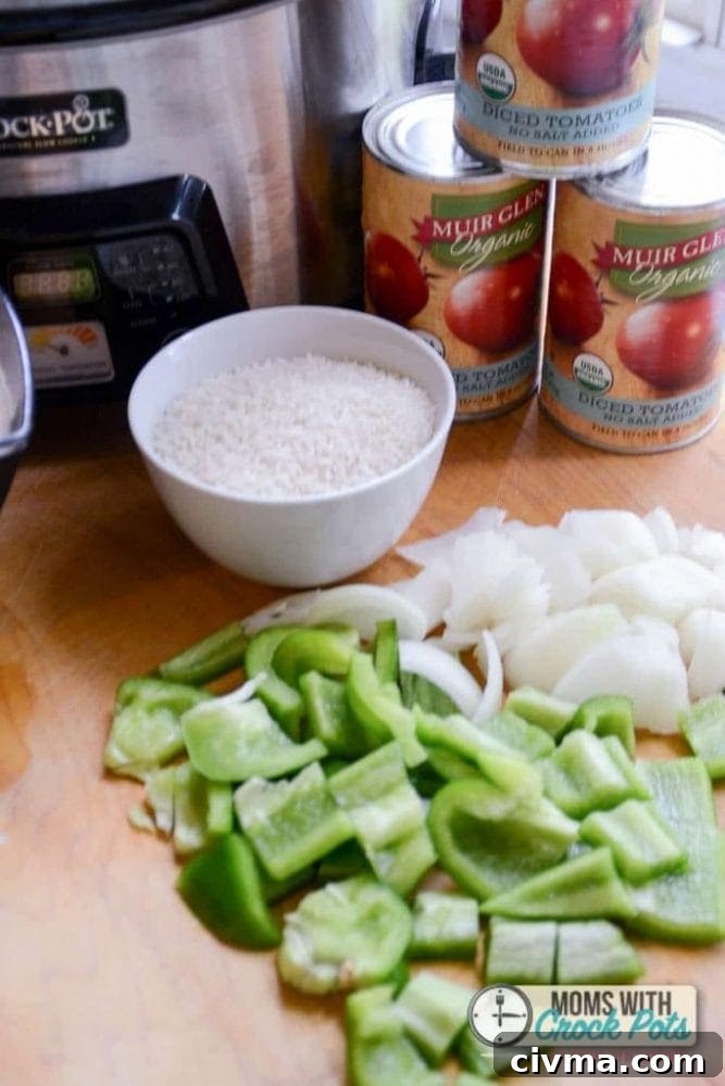 Slow Cooker Stuffed Pepper Soup Recipe 3 Crockpot, canned tomatoes, rice, and more