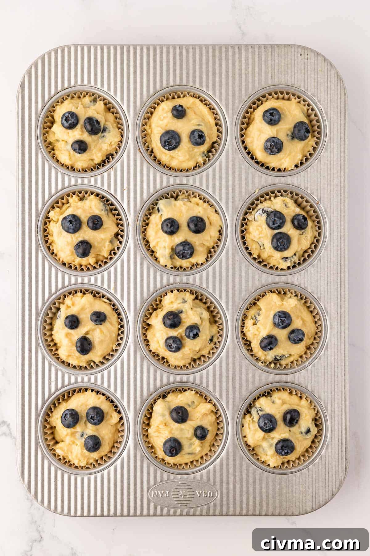Moist Sour Cream Blueberry Muffins Recipe 12 muffin tin filled with batter