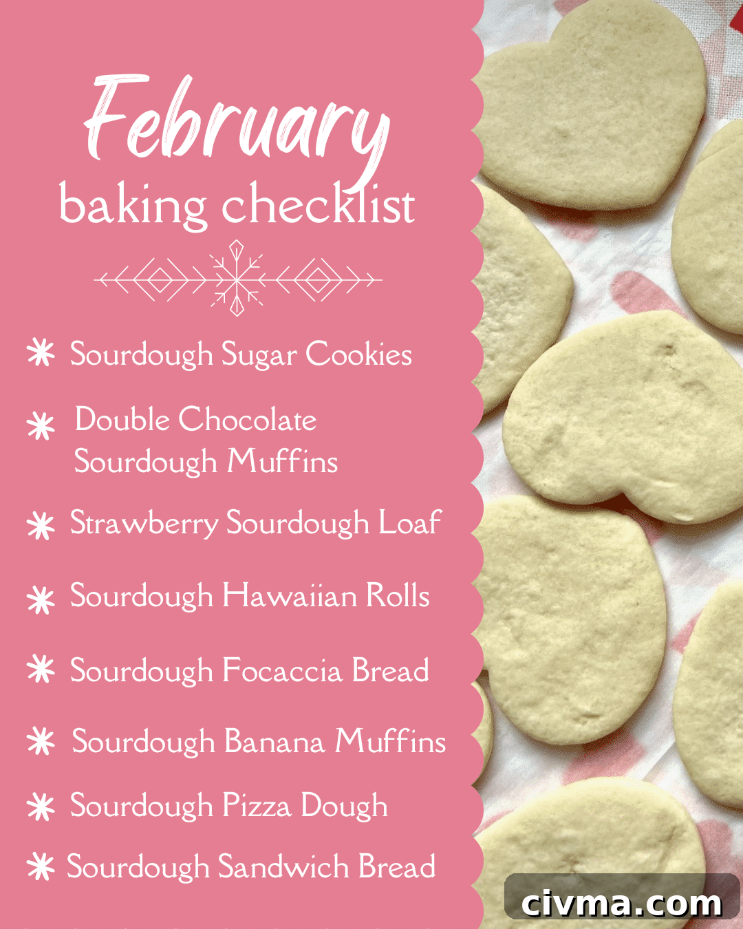 A list of items to bake in February with sugar cookies on a table.