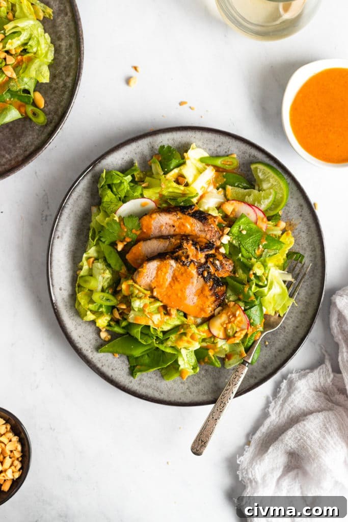 Gochujang Pork Tenderloin Salad with Snap Peas and Peanuts (GF) 2 Gochujang pork tenderloin salad on a plate, with gochujang dressing alongside.