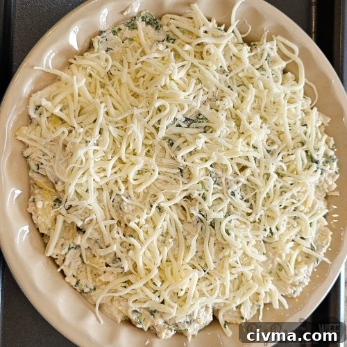 dip covered in shredded cheese before oven