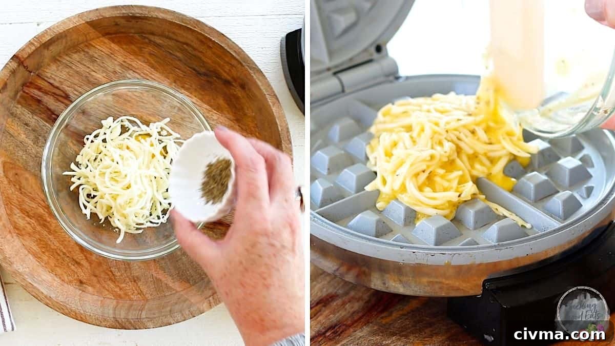 mixing and cooking a chaffle in a waffle maker
