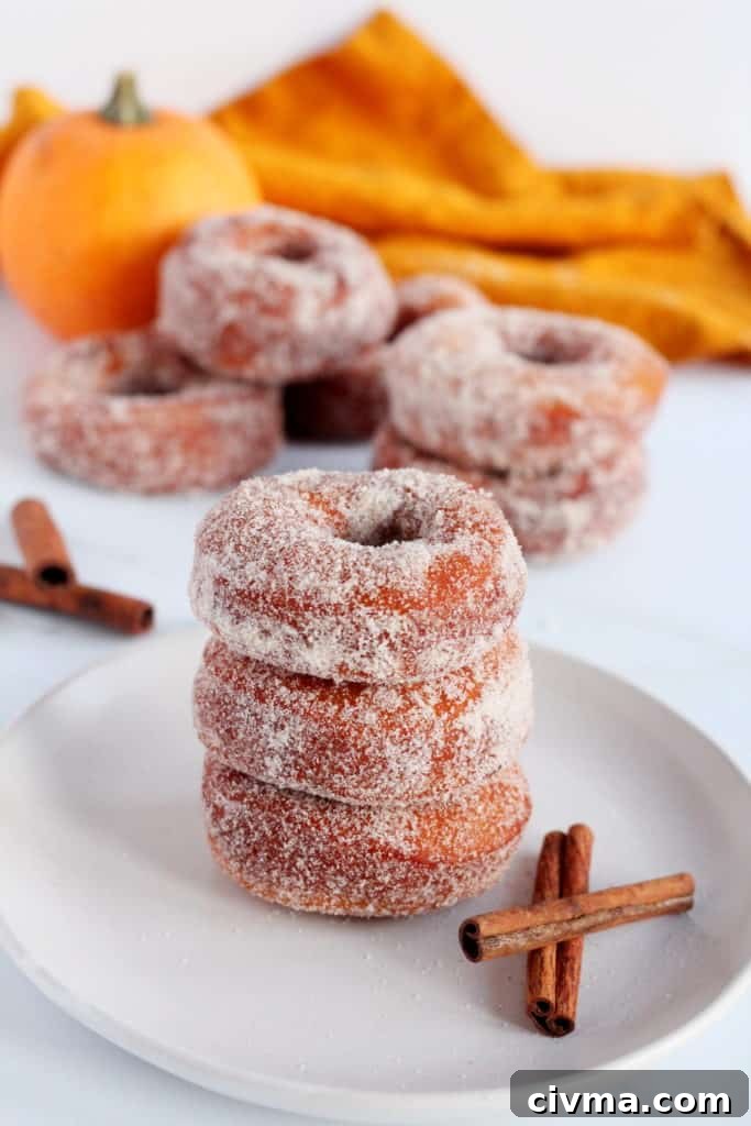 three pumpkin donuts stacked on each other
