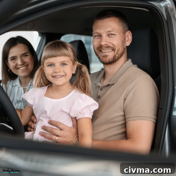 Smiling parents and young daughter sitting together in a vehicle, highlighting family preparedness and safe travel planning.