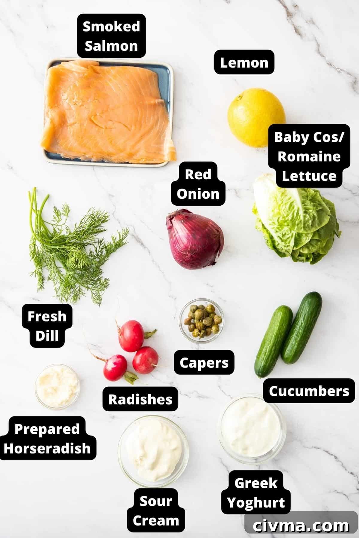 Ingredients in this recipe on a white marble background.