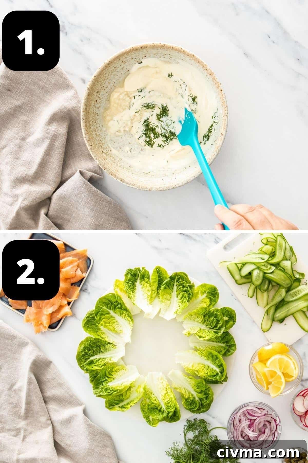 Steps 1-2 of preparing this recipe - making the dressing and starting to assemble the wreath with the lettuce leaves on a plate.