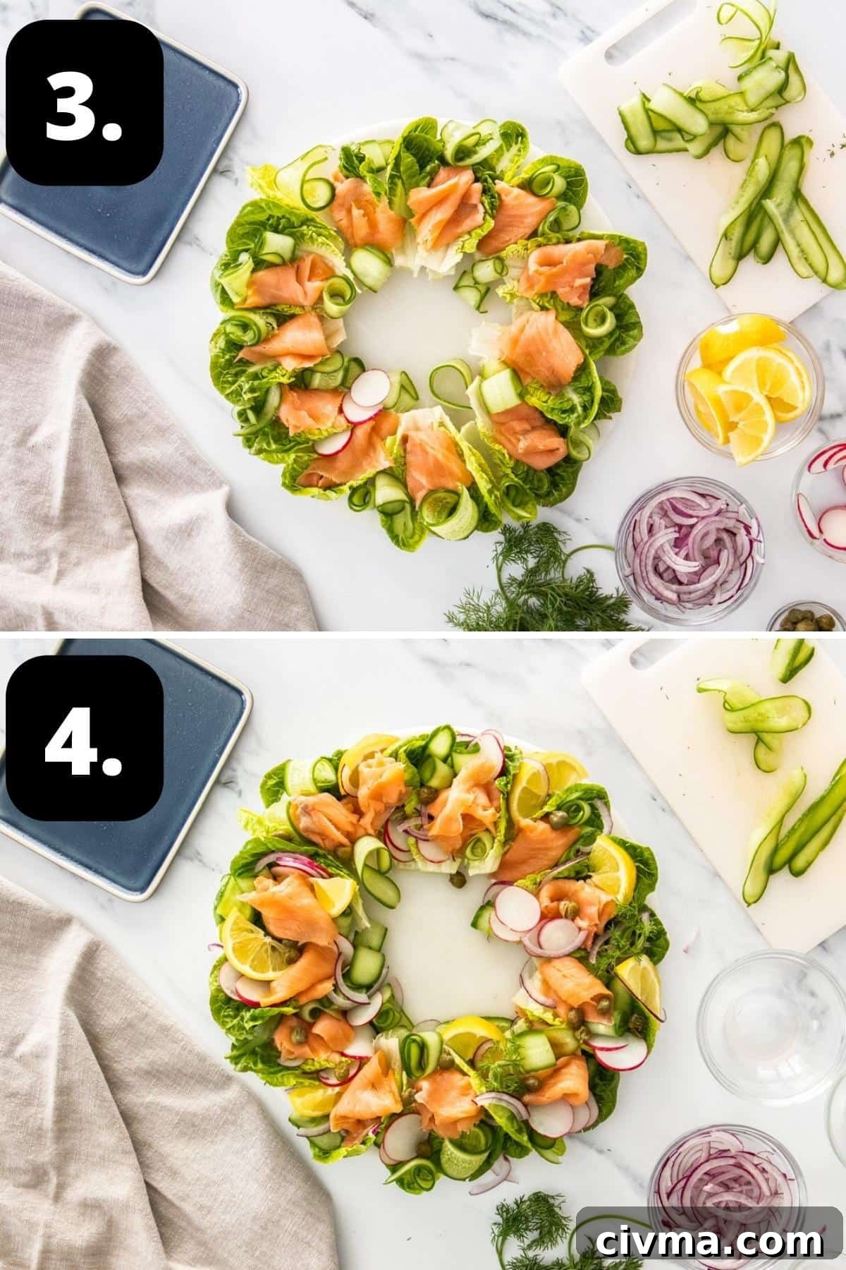 Steps 3-4 of preparing this recipe - adding the other ingredients to the wreath and garnishing with dill sprigs and lemon wedges.